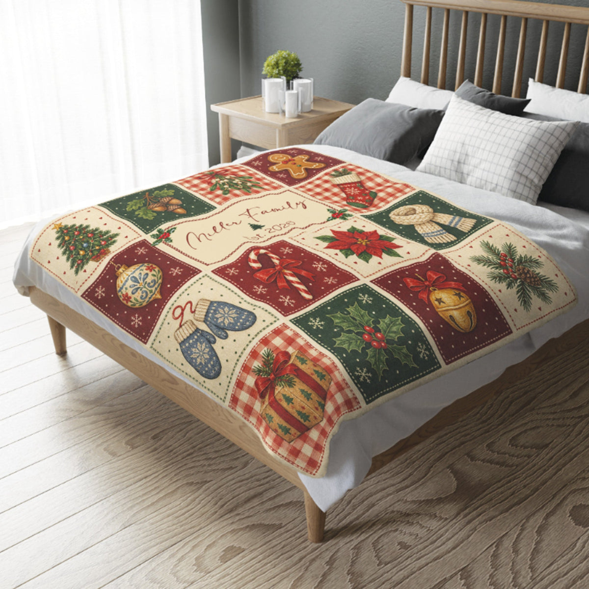 Custom Vintage Patchwork Christmas Blanket with Family Name