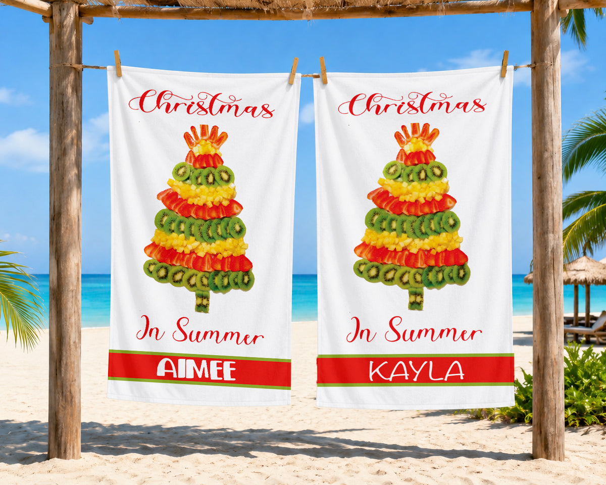 Personalized Christmas Tree in Summer Beach Towel with Name