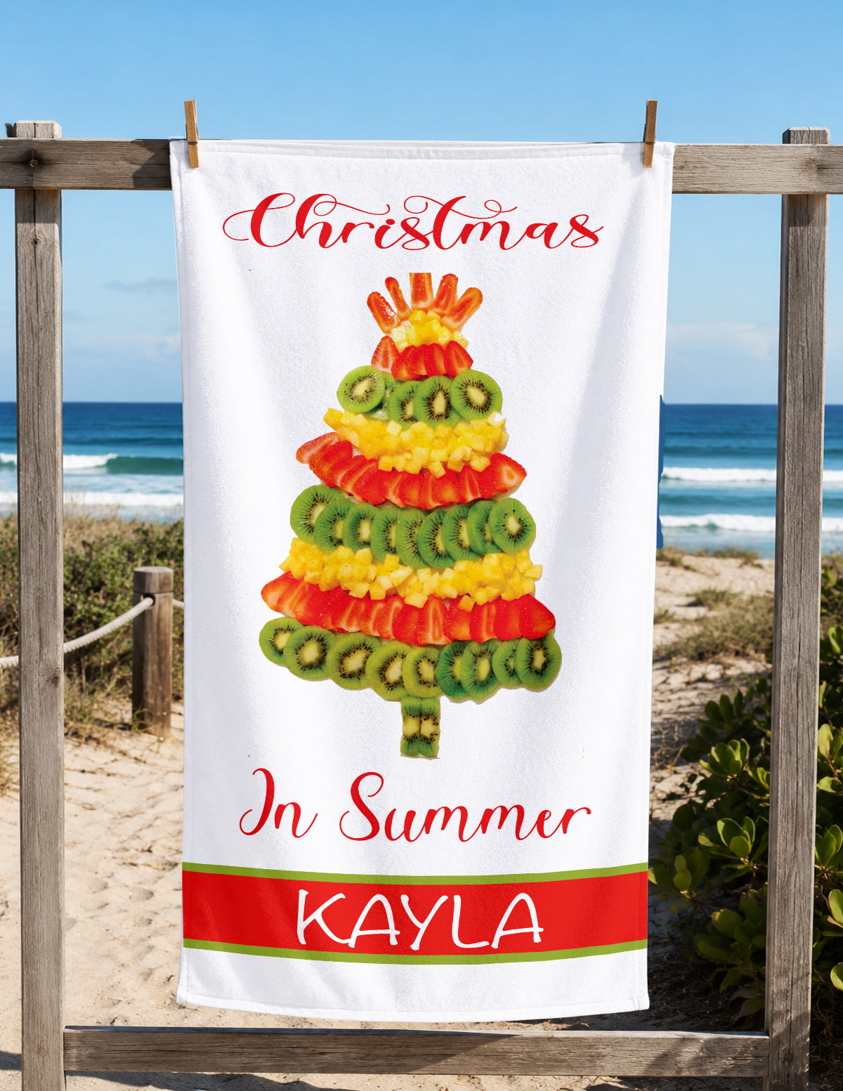 Personalized Christmas Tree in Summer Beach Towel with Name