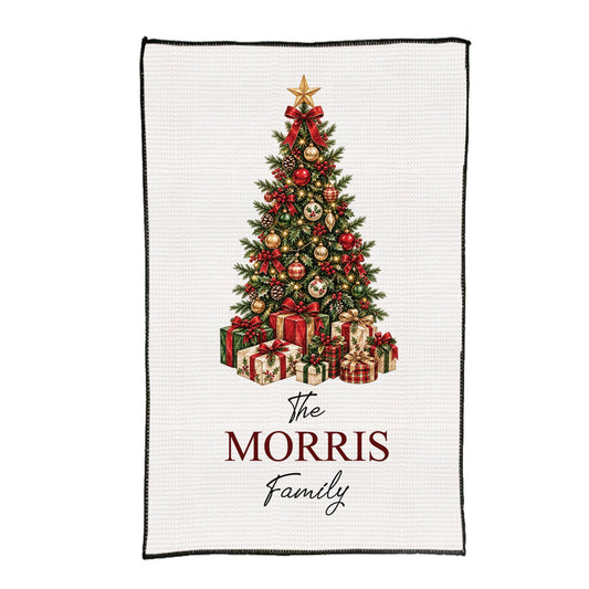 Personalized Family Name Christmas Tree Waffle Weave Kitchen Towel