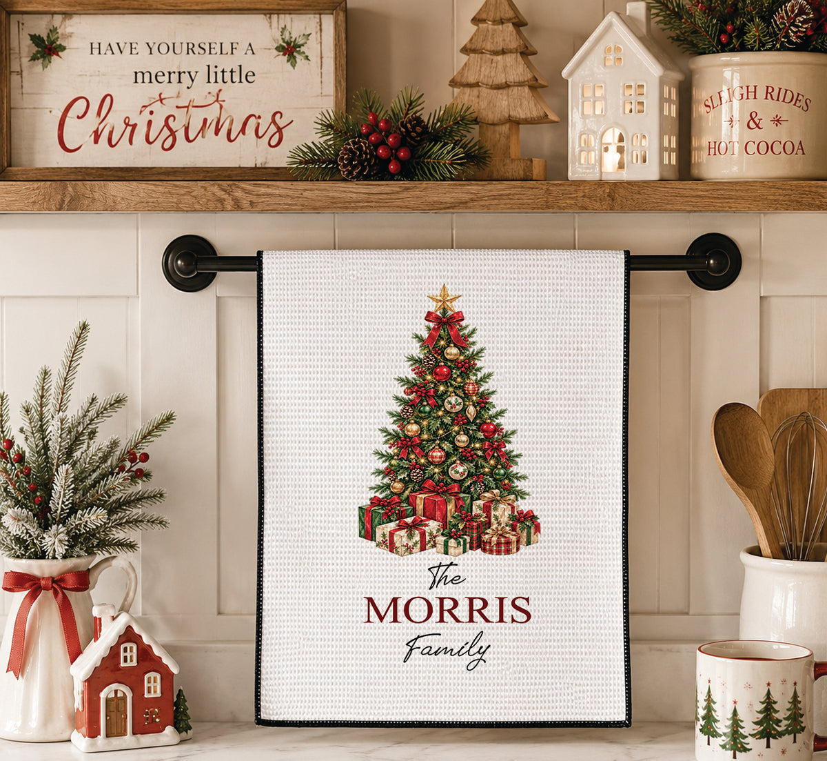 Personalized Family Name Christmas Tree Kitchen Towel