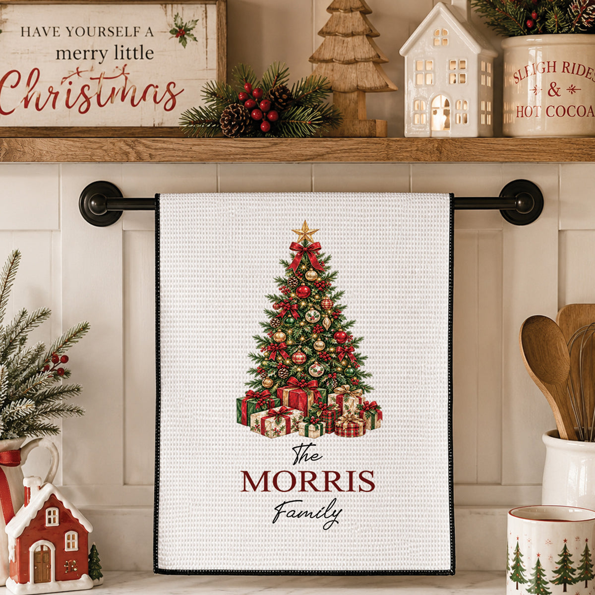 Personalized Family Name Christmas Tree Waffle Weave Kitchen Towel