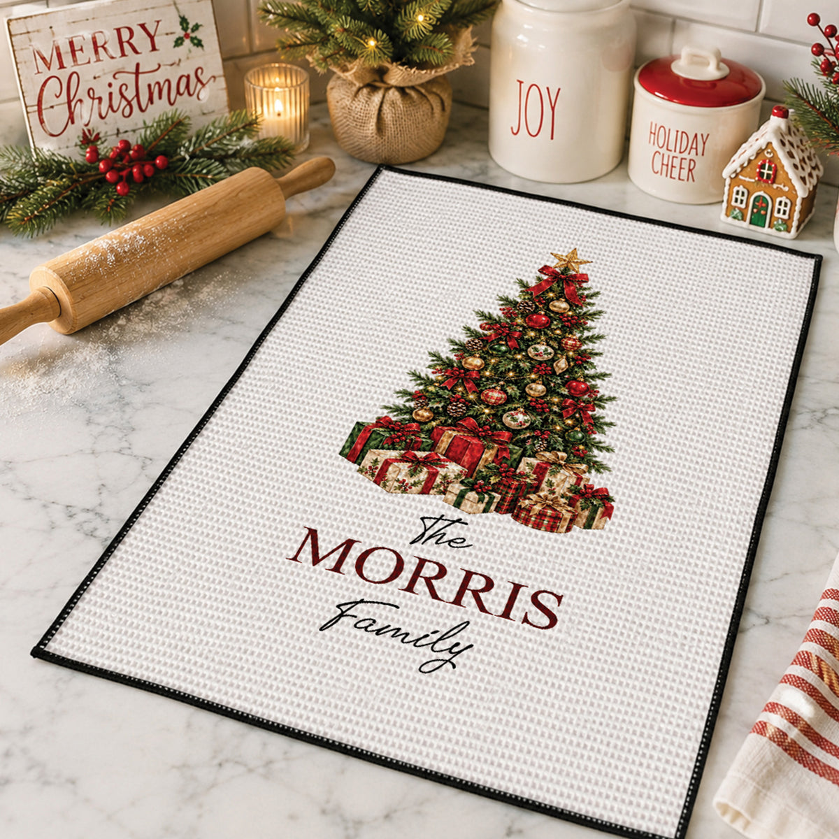Personalized Family Name Christmas Tree Waffle Weave Kitchen Towel