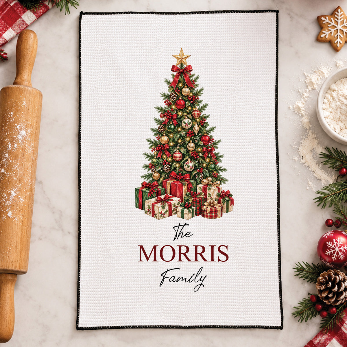 Personalized Family Name Christmas Tree Waffle Weave Kitchen Towel