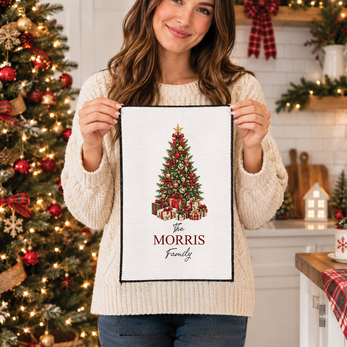 Personalized Family Name Christmas Tree Waffle Weave Kitchen Towel