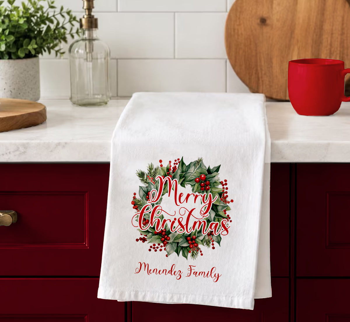 Personalized Christmas Wreath Family Name Tea Towel
