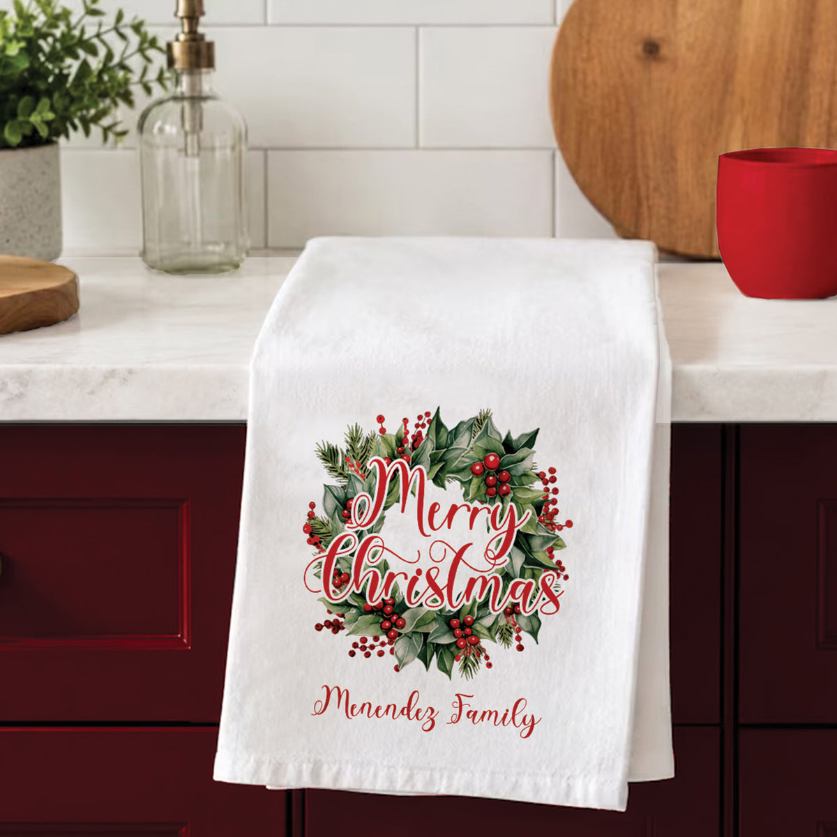 Personalized Christmas Wreath Family Name Tea Towel