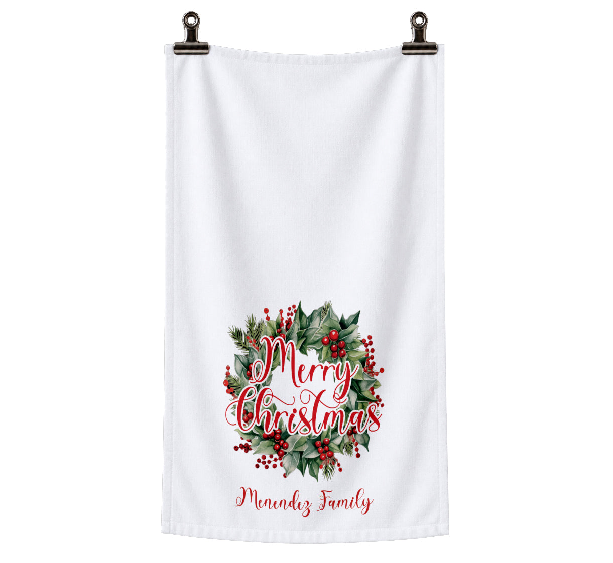 Personalized Christmas Wreath Family Name Tea Towel