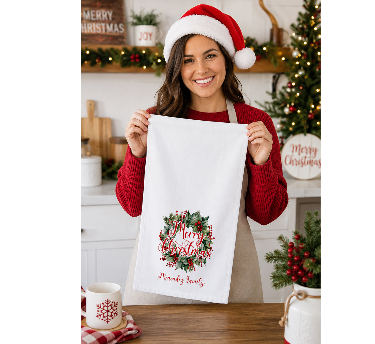 Personalized Christmas Wreath Family Name Tea Towel