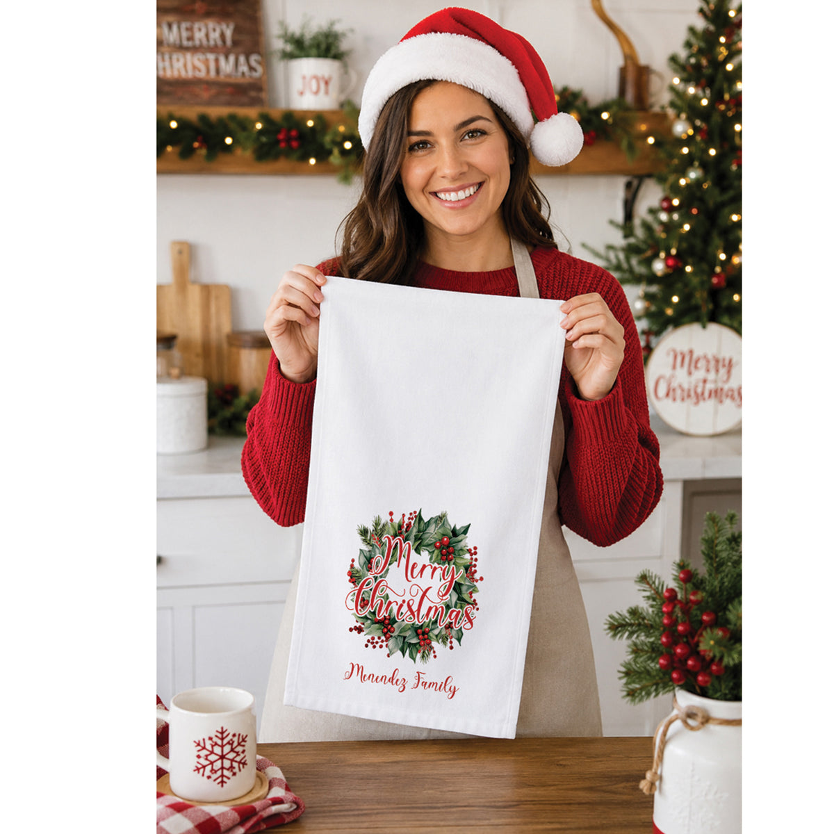 Personalized Christmas Wreath Family Name Tea Towel