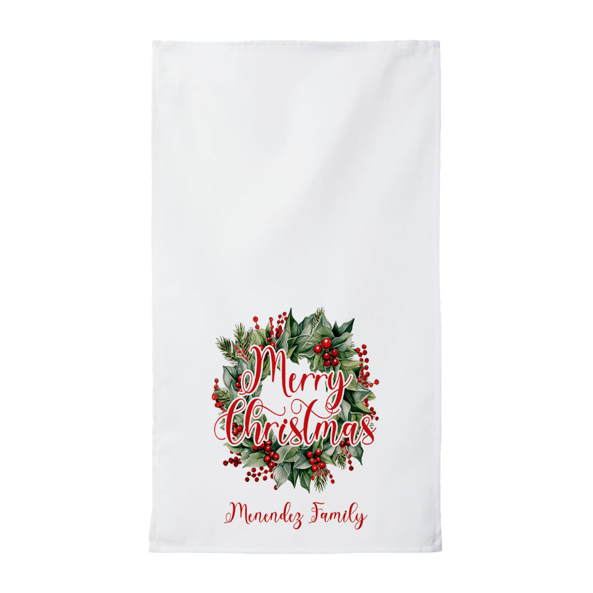 Personalized Christmas Wreath Family Name Tea Towel