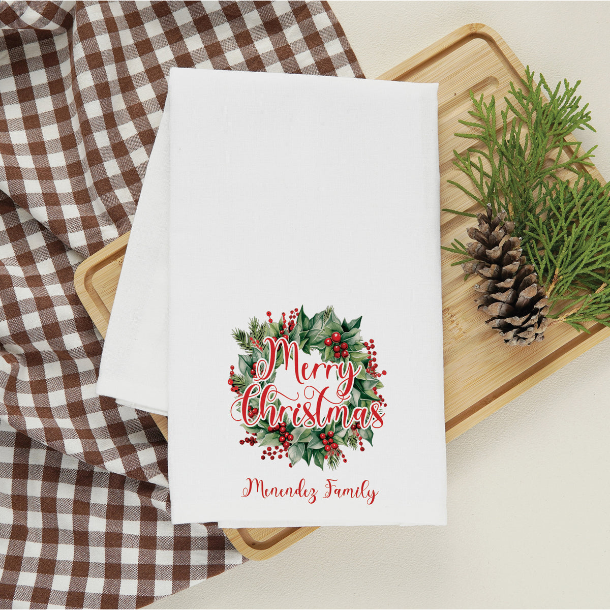 Personalized Christmas Wreath Family Name Tea Towel