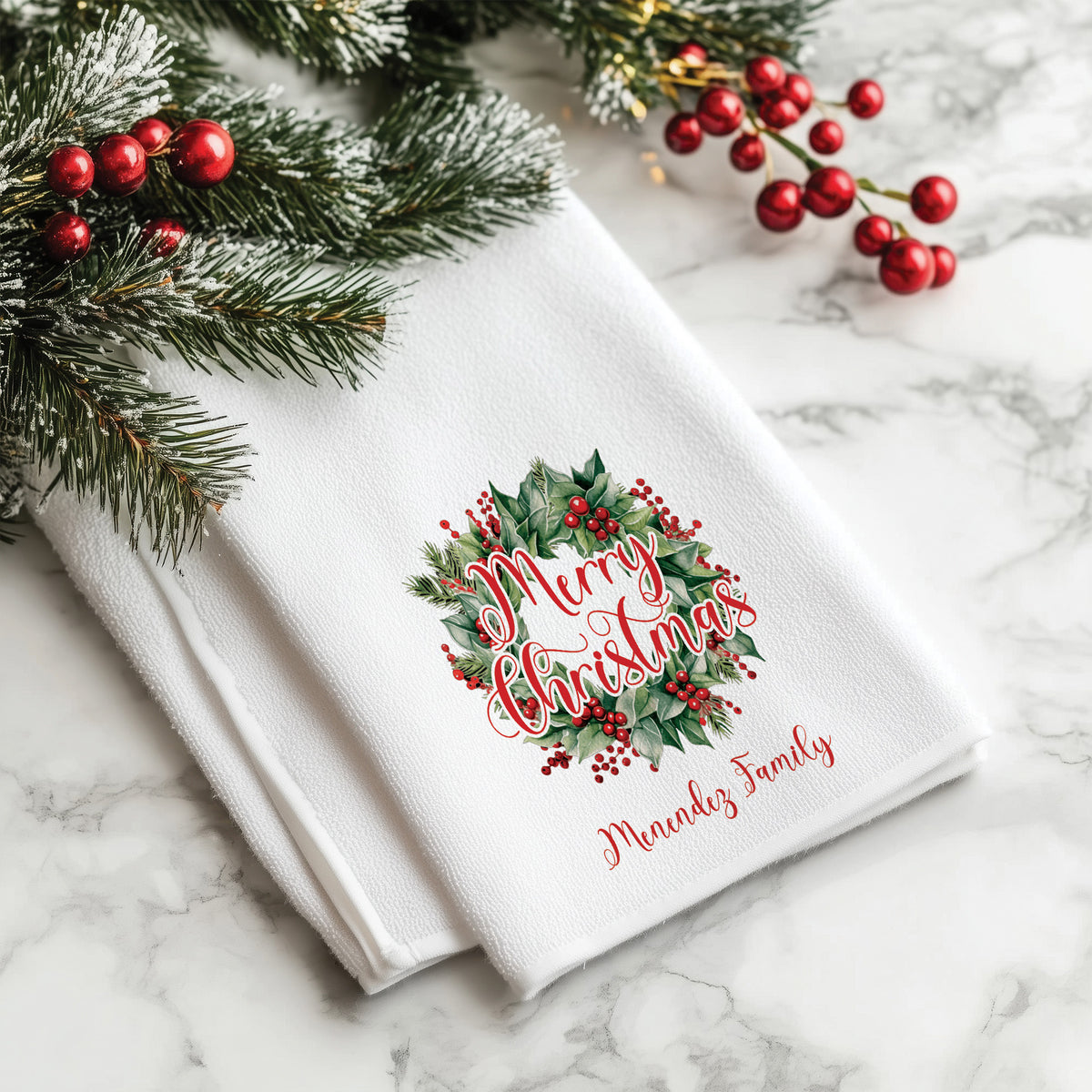 Personalized Christmas Wreath Family Name Tea Towel