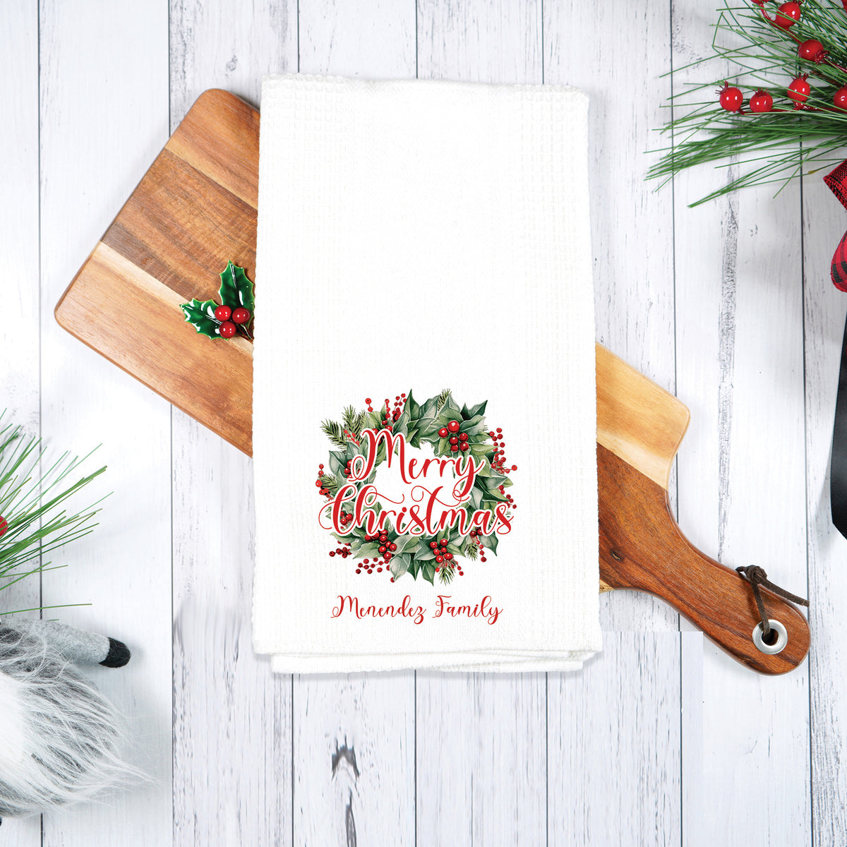 Personalized Christmas Wreath Family Name Tea Towel