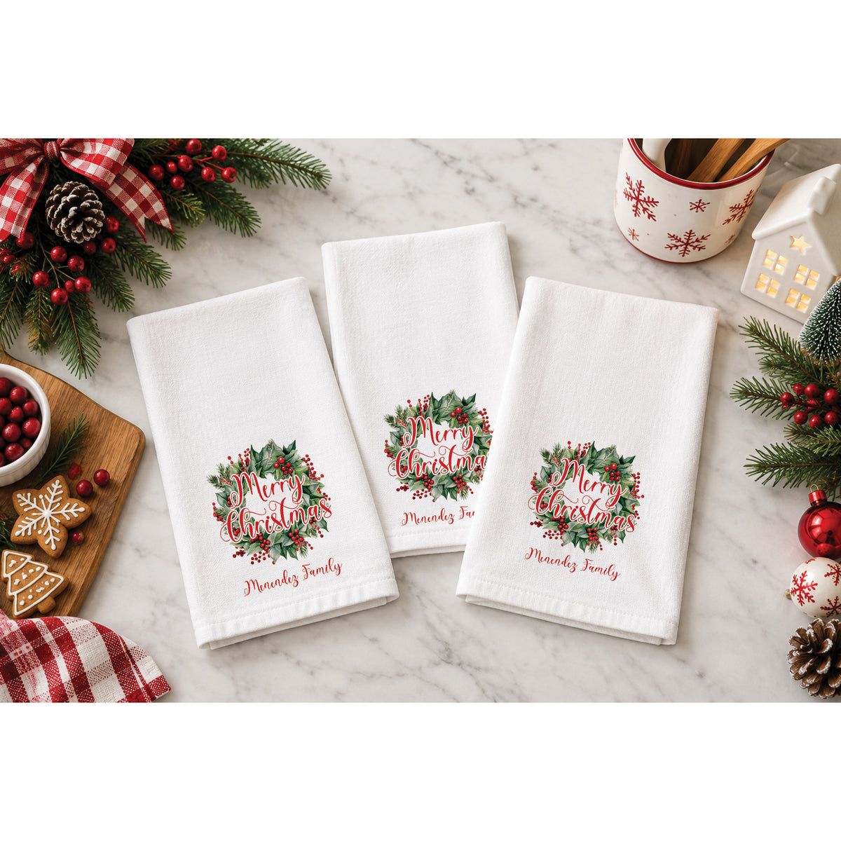 Personalized Christmas Wreath Family Name Tea Towel