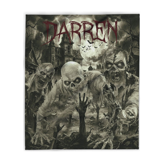 A rectangular wall tapestry or print featuring a dark, horror-themed illustration with three zombie figures, bare trees, a ruined building, and the word 'DARREN' in red distressed lettering at the top, shown against a plain white background.